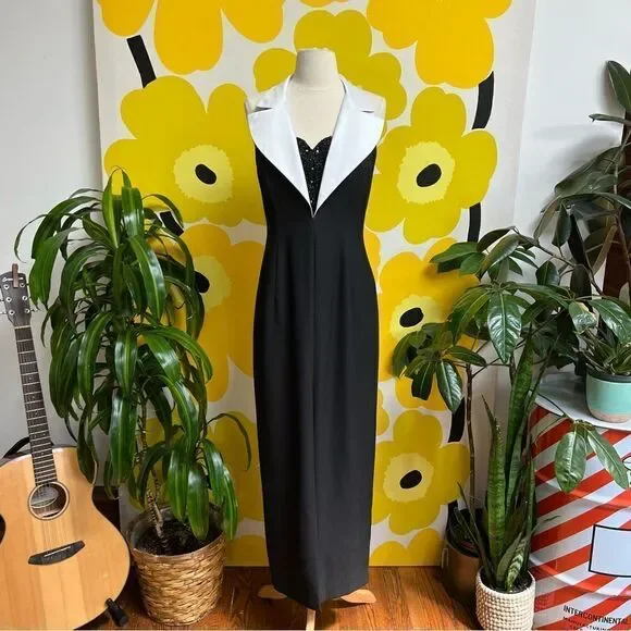 Vintage 1980s 1990s Beaded Tuxedo Wiggle Strappy Back Cigarette Style Gown - Picture 9 of 11